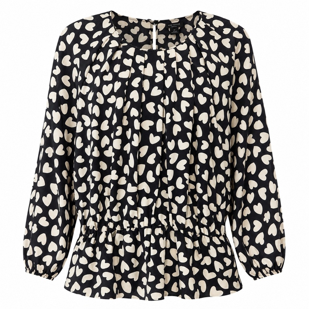 Ann Taylor Heart Print Blouse Womens LP Black Ivory Smocked Puff Sleeve Office